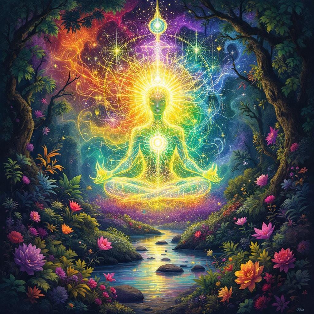 Ethereal Spirit Connecting with Nature in Psychedelic Style