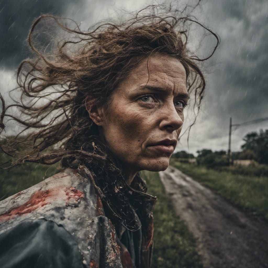 Witch Rides Tornado in a Stormy Technicolor Sky