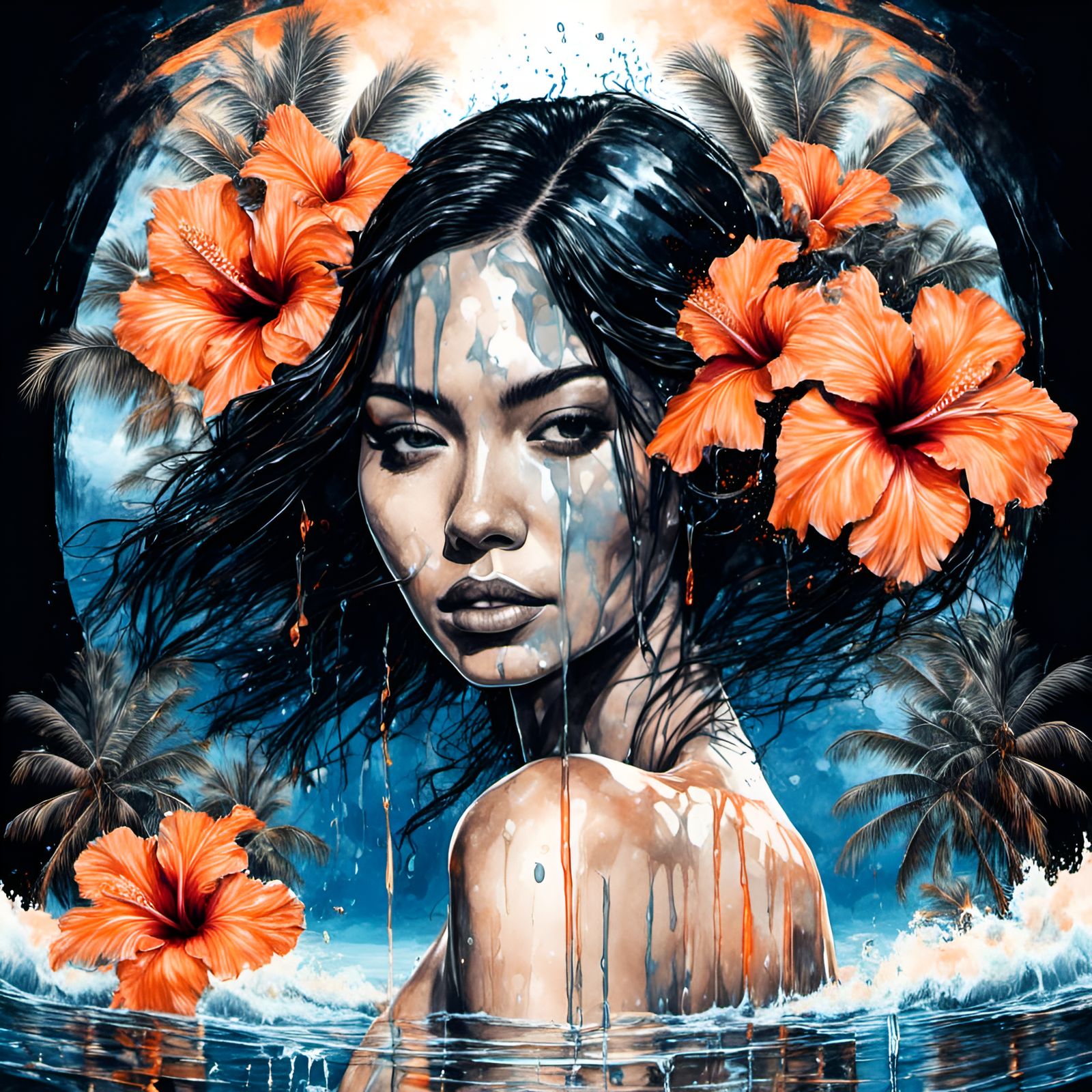 Ocean Woman with Hibiscus Flower, Digital Rendering