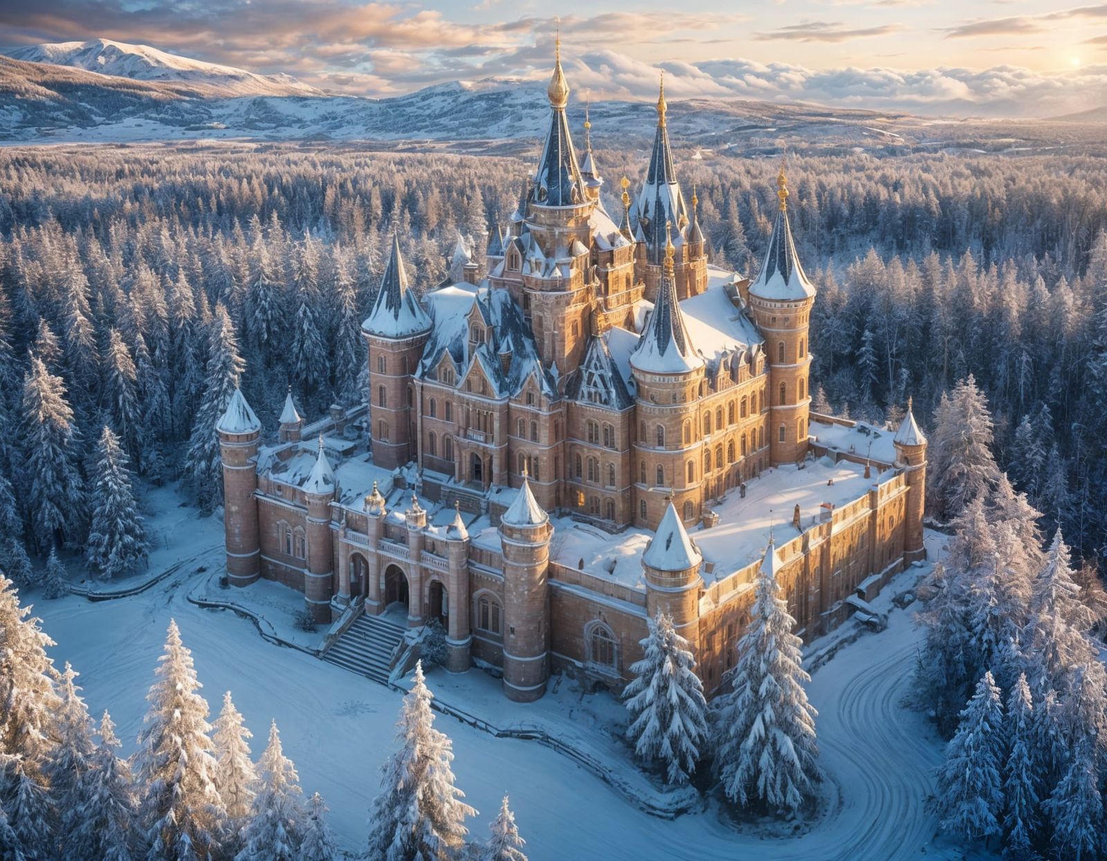 Majestic Russian Castle in Winter Sunset
