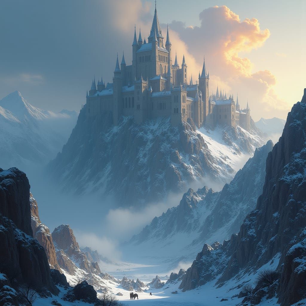 Snowy Kingdom: Epic Castle in Oil Painting Style