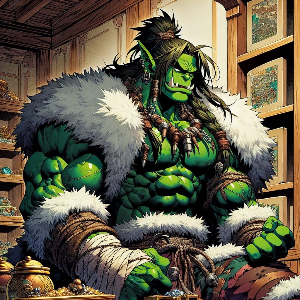 Female Orc Barbarian Flexing in Anime Style