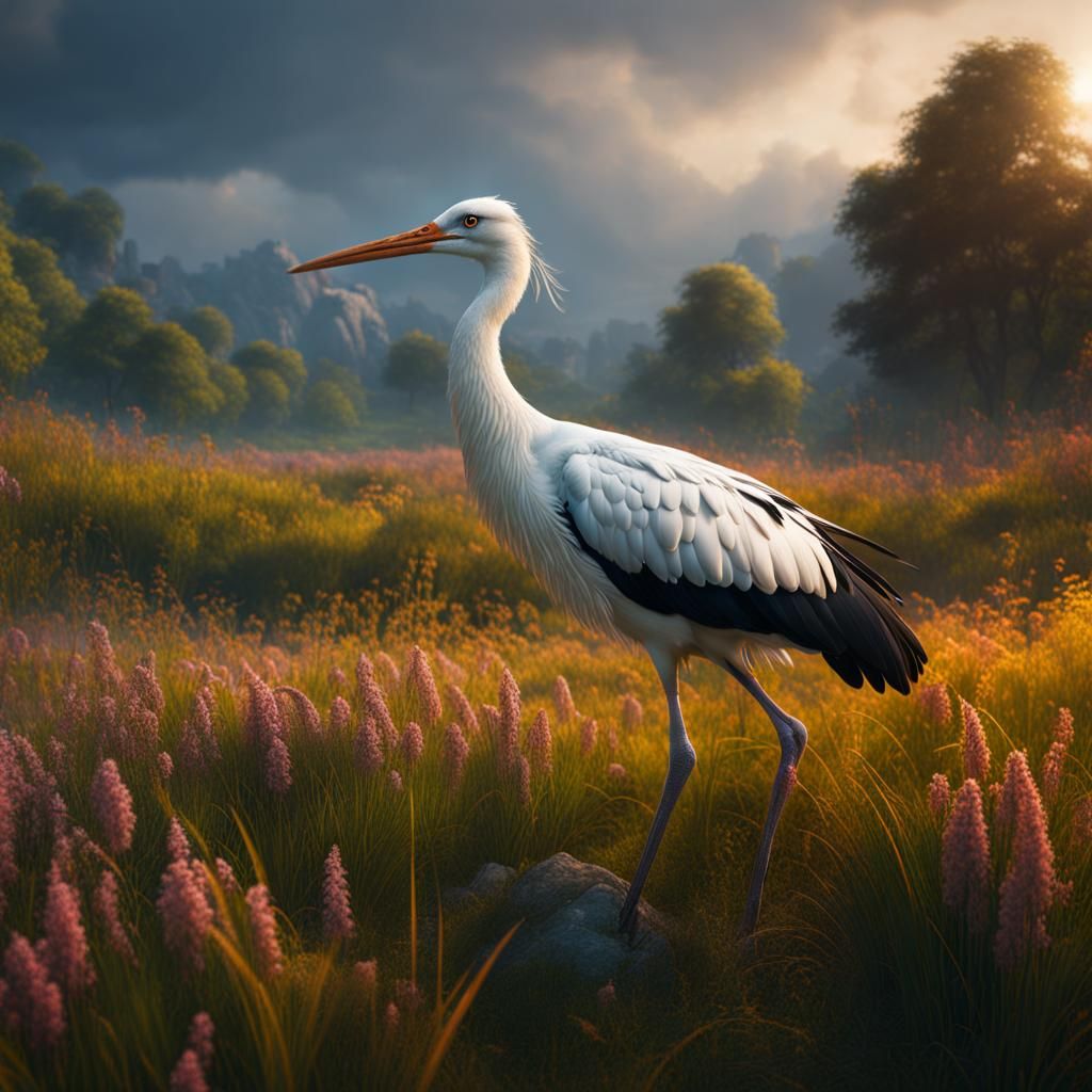 Stork in Meadow: Detailed Matte Painting
