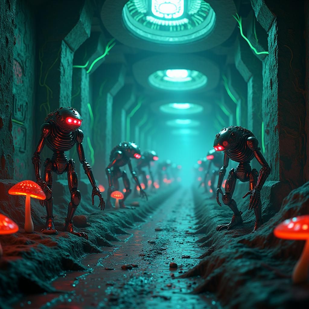 Menacing Robots in Eerie Alien Spaceship, Pixar Style