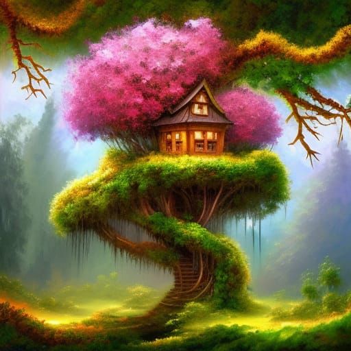 Whimsical Futuristic Treehouse in a Verdant Hillside Paradis...