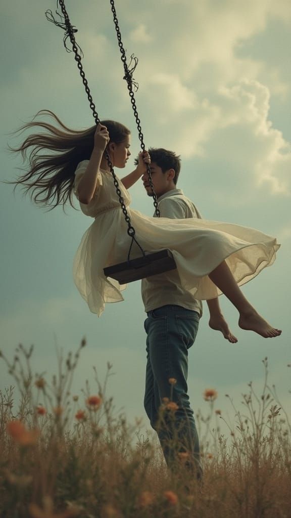 Young Woman Swings in a Dreamy Watercolor Atmosphere