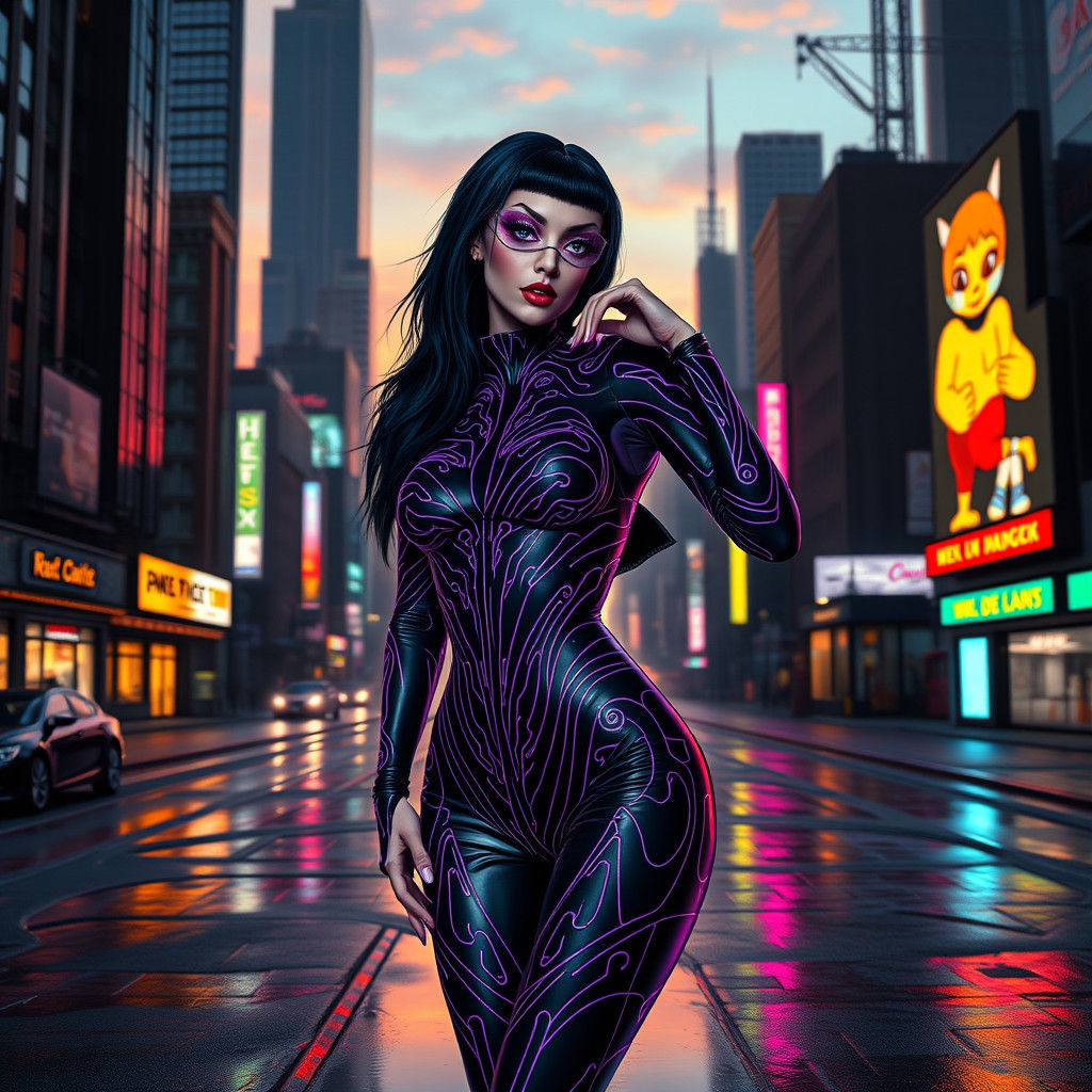 Cyberpunk Elvira in Dystopian Cityscape