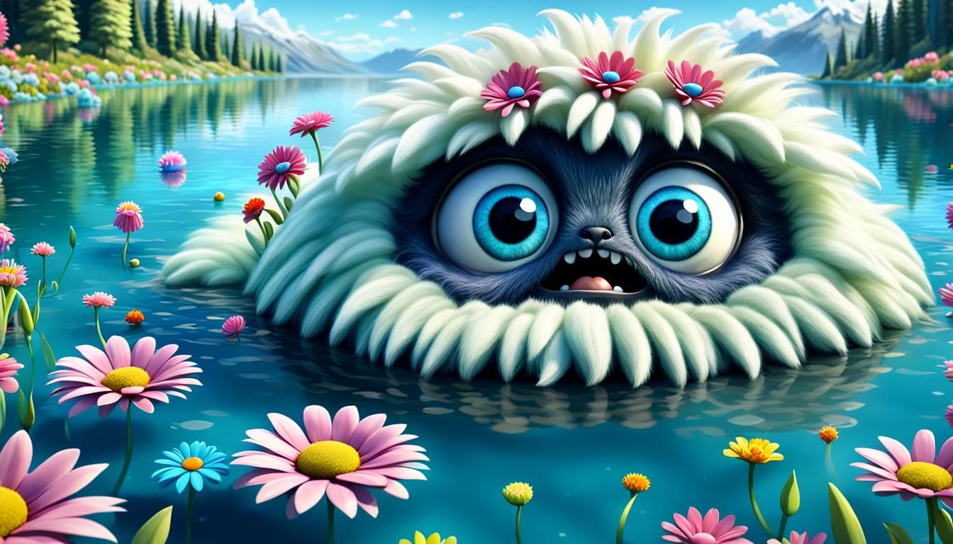 Fluffy Monster Swims in Summer Lake: 3D Render