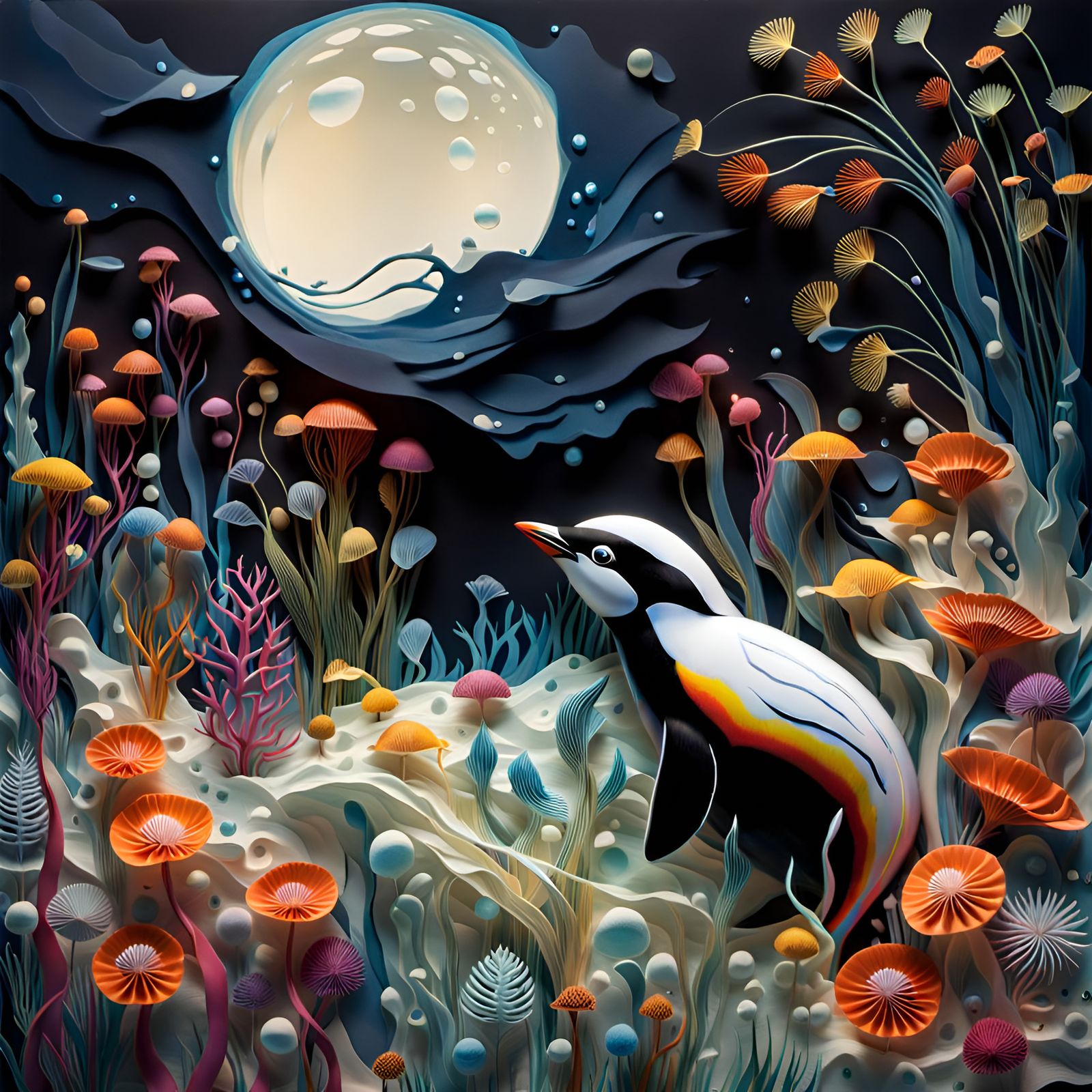 Underwater Penguin in Blue Light, Graffiti Art Diorama