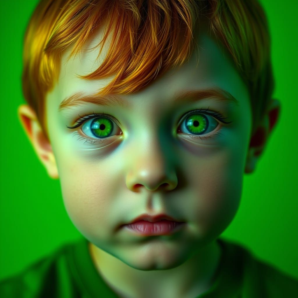 A Young Boy's Bright Green Eyes Shine in a Sea of Solid Gree...