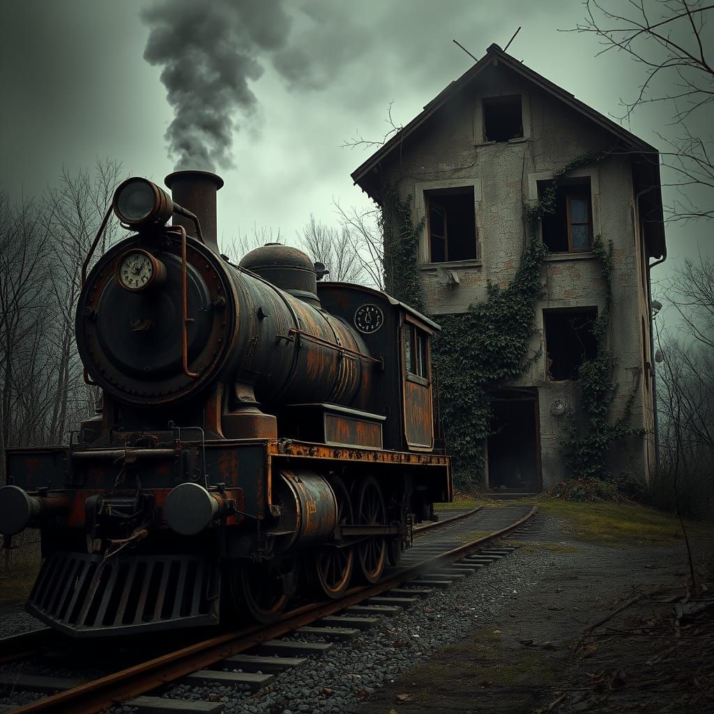 A Haunting Abandoned Building Confronts a Rusty Locomotive