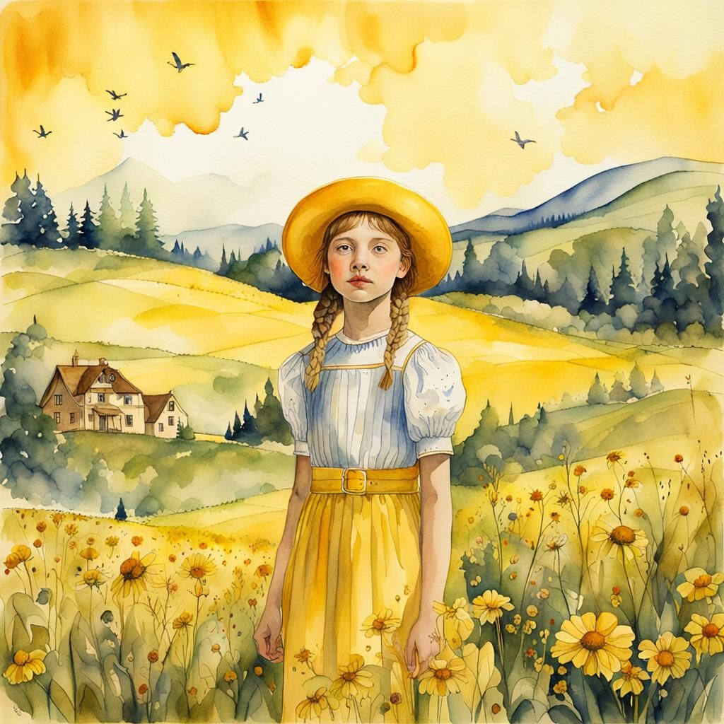 Girl in Summer Meadow Watercolour Illustration