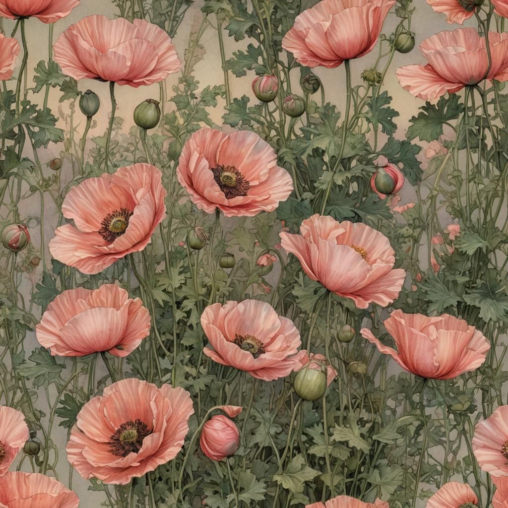 Poppies in Pink Evening Light, Vintage Illustration
