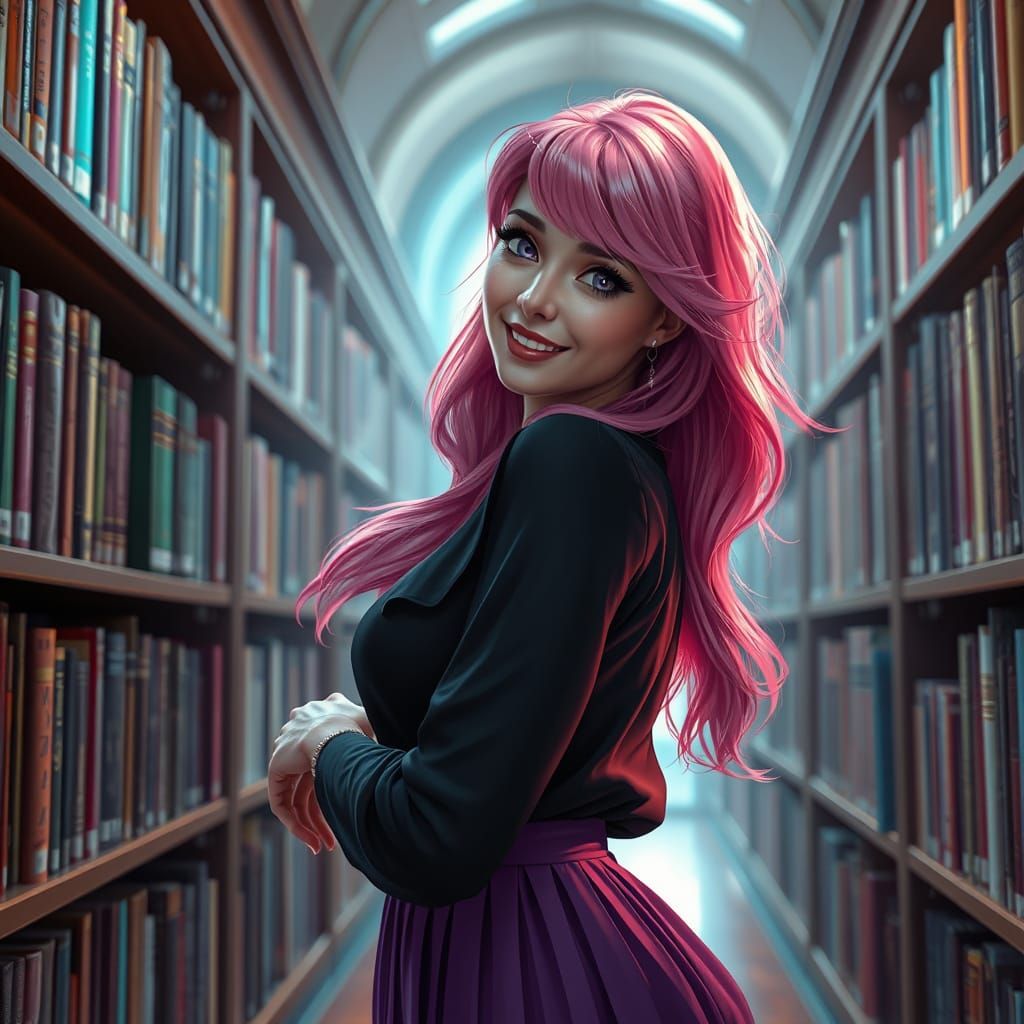 Pink Haired Woman Posing in Library, Hyperdetailed Art