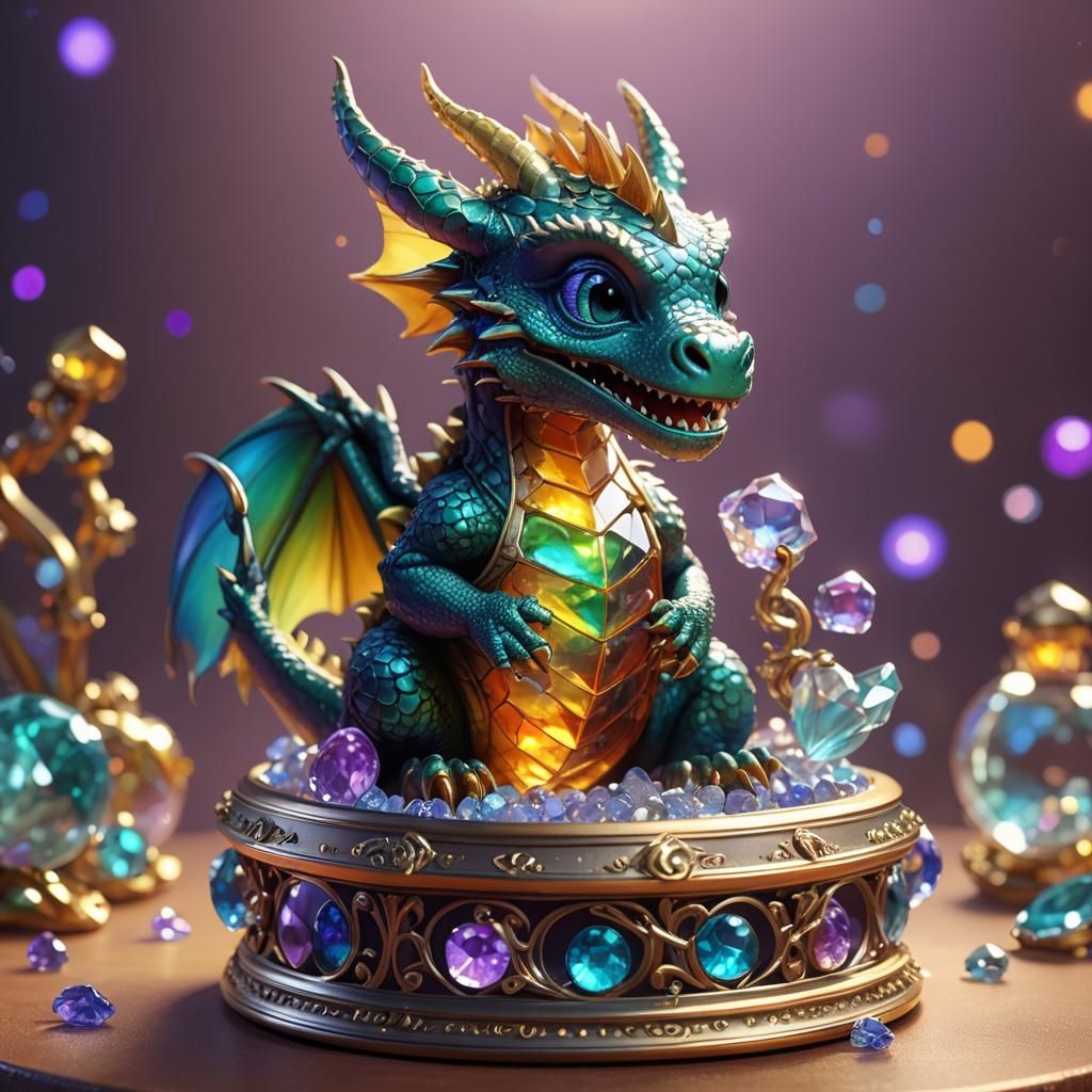 Baby Dragon in Glowing Jewelry Box: 3D Render