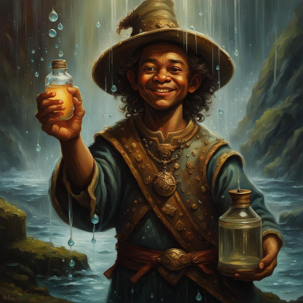 Halfling Healer Collecting Water, Rembrandt-Style Oil Painti...