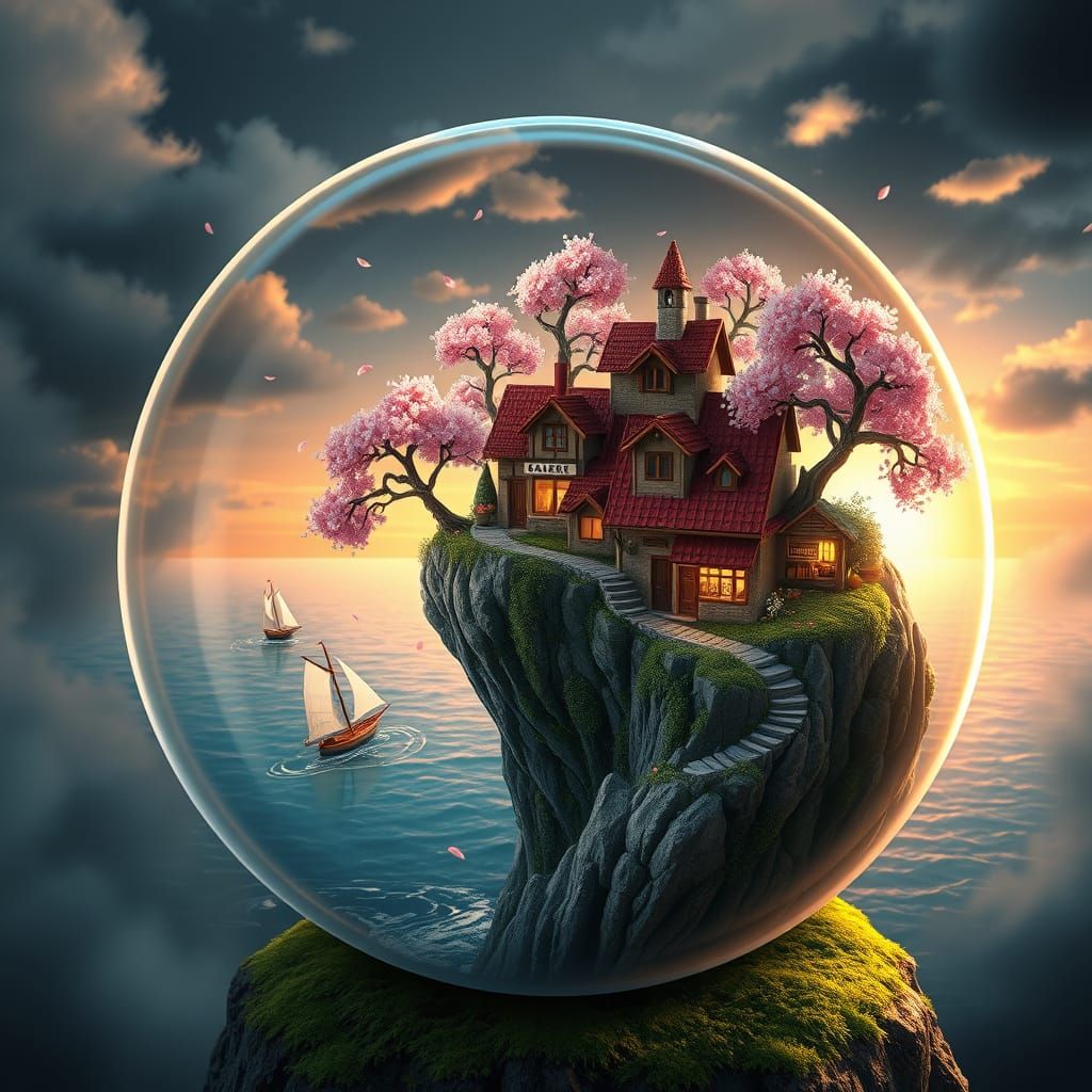 Ghibli-Inspired Village on a Glass Globe Perched on a Cliff