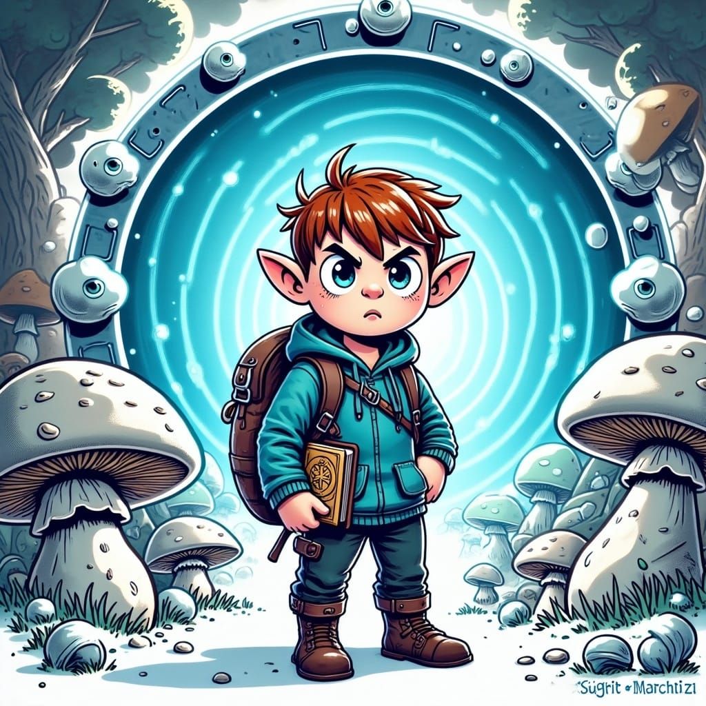 Cartoon Adventurer Ready to Travel Through a Portal