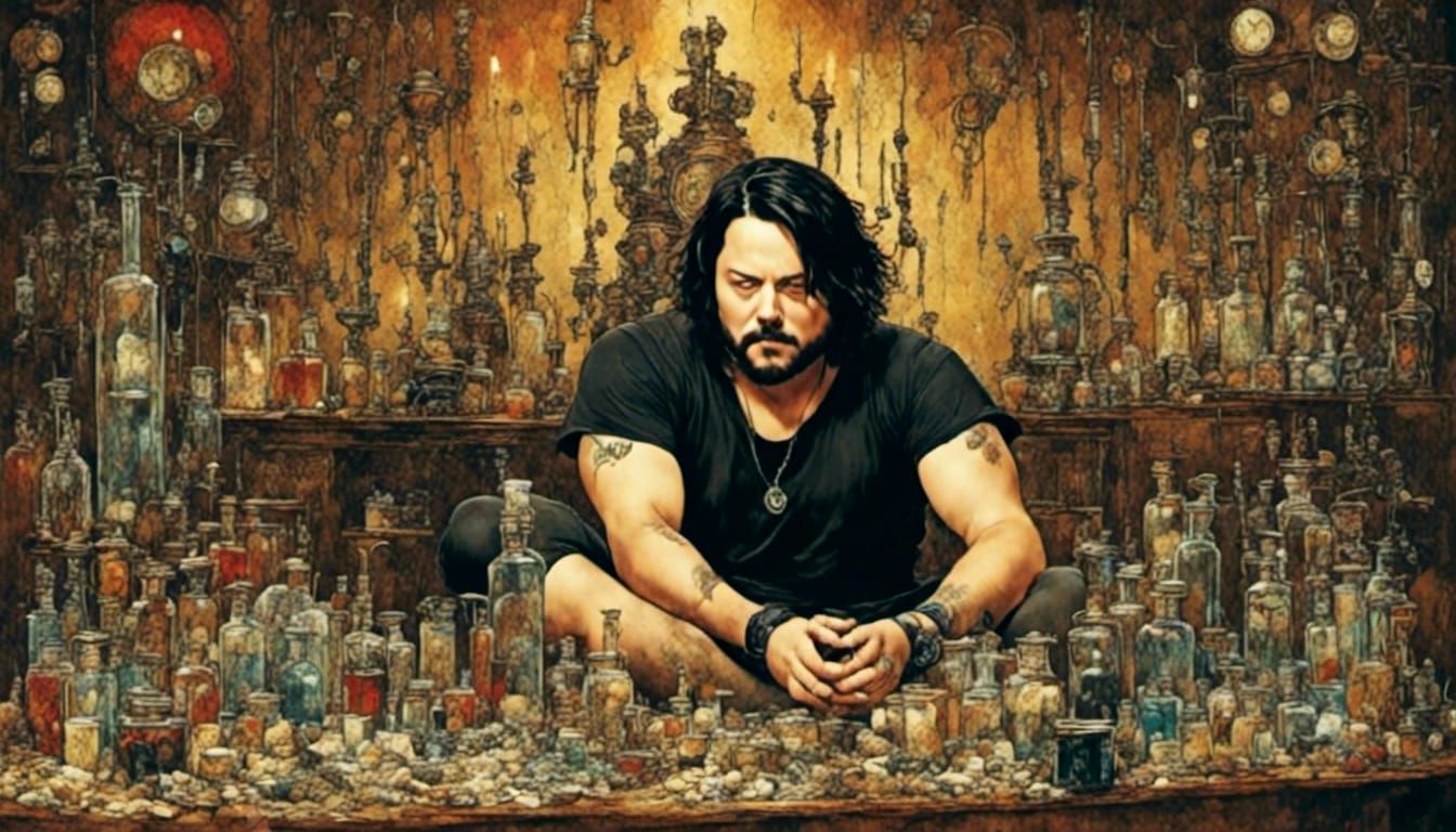 Bong Smoker Surrounded by Pills in Retro Style