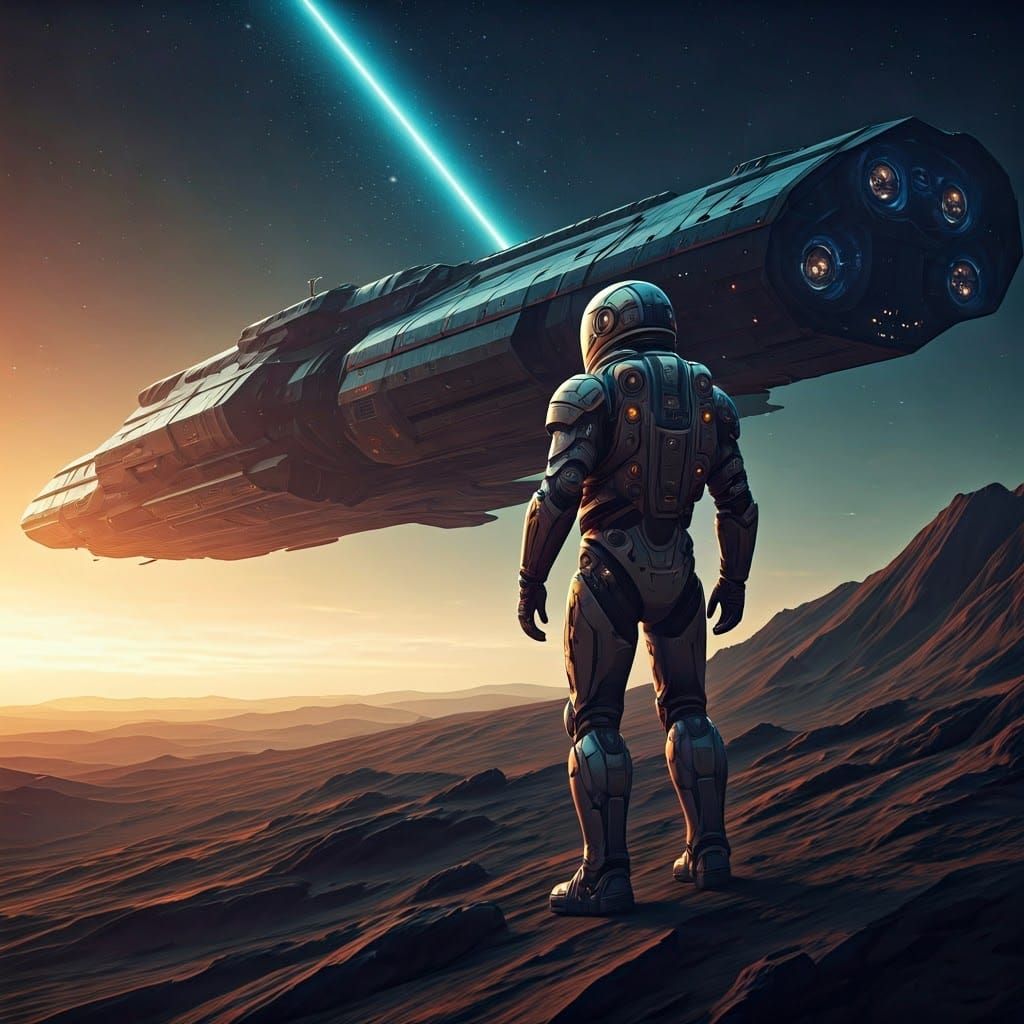 Epic Space Explorer in Futuristic Metal Suit on Distant Plan...