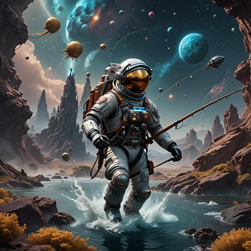 Astronaut Fishing in Space: Detailed Matte Painting