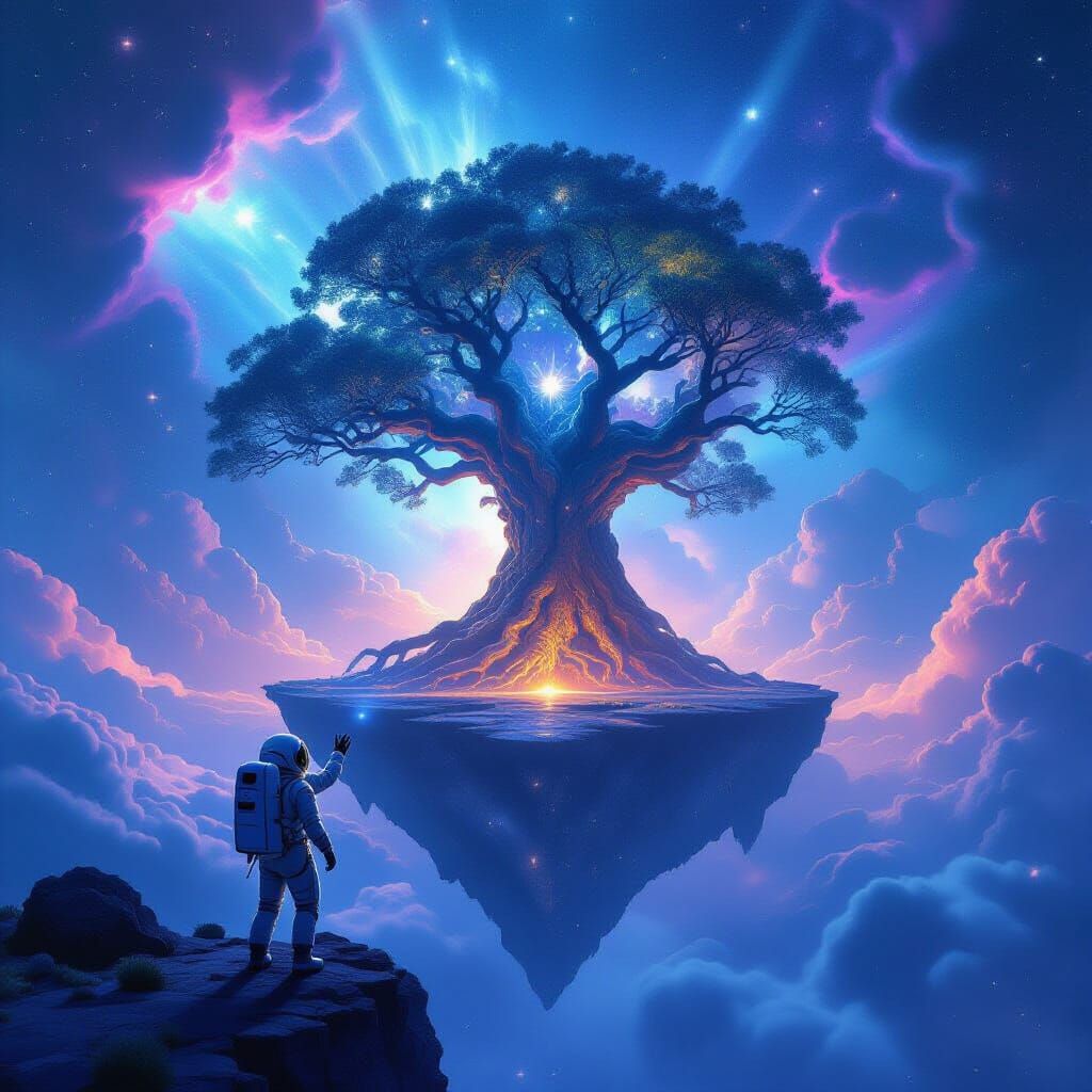 Astronaut Adrift in Vibrant Nebula with Cosmic Tree