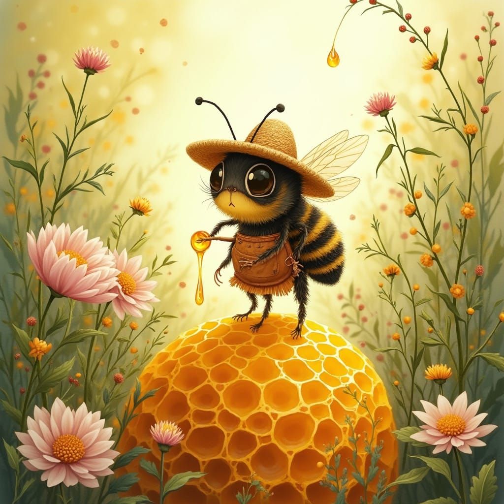 Charming Bee Harvests Nectar in Whimsical Summer Scene