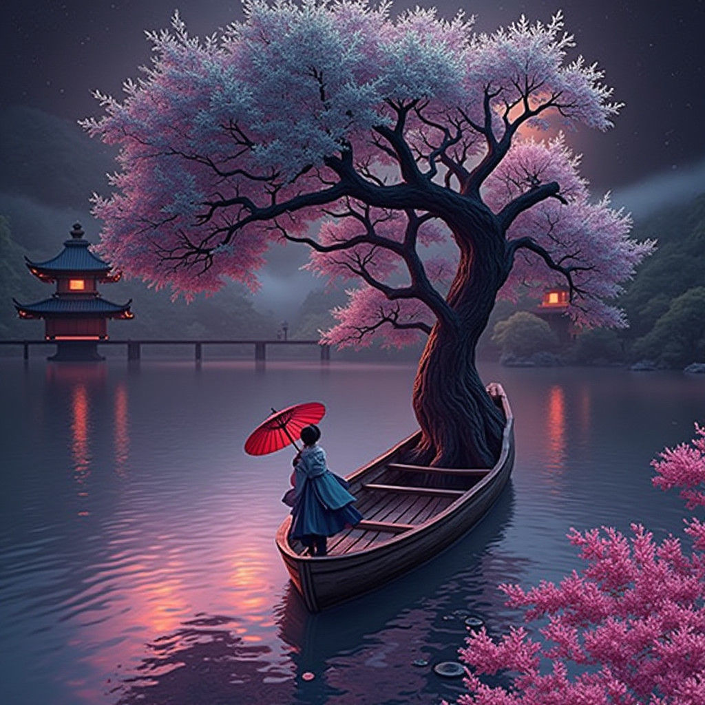 Cherry Tree Lake Scene in Fantasy Style