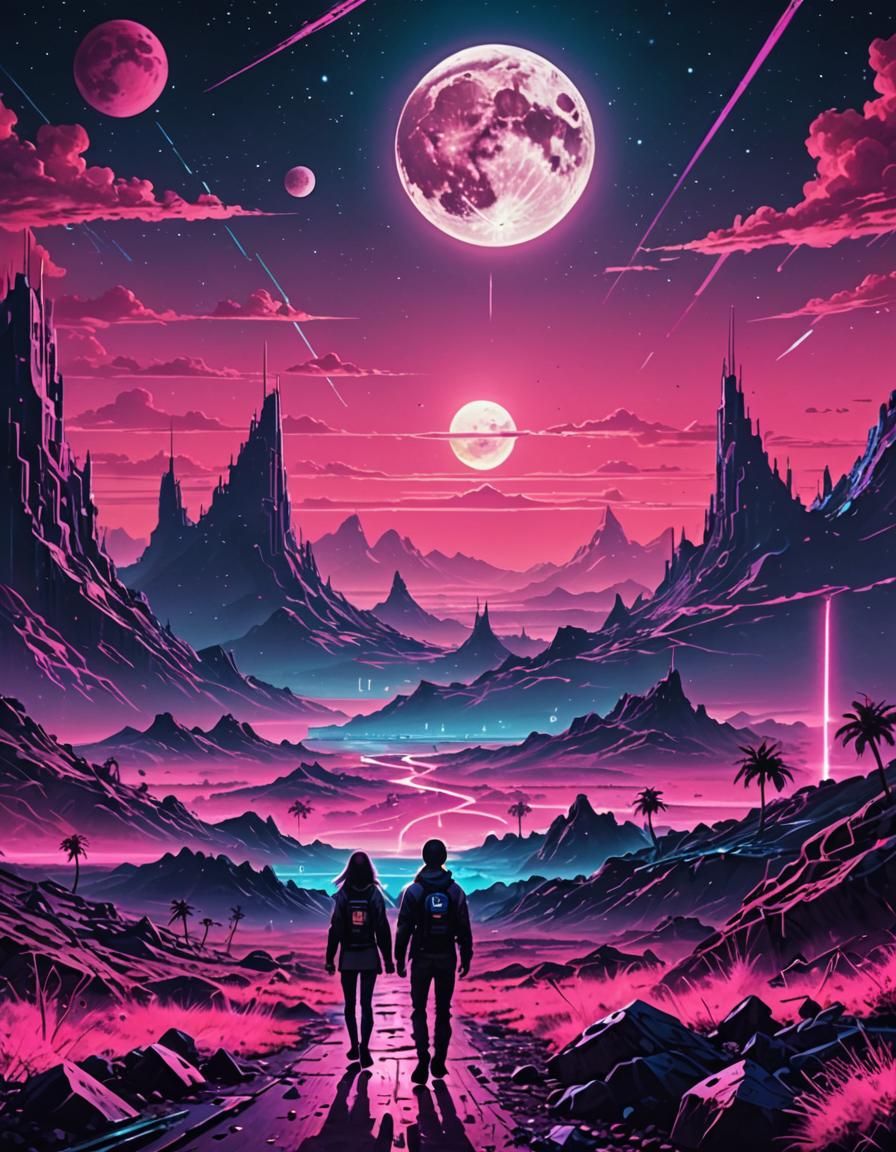 Dystopian Synthwave Moonscape with Cyberpunk Elements
