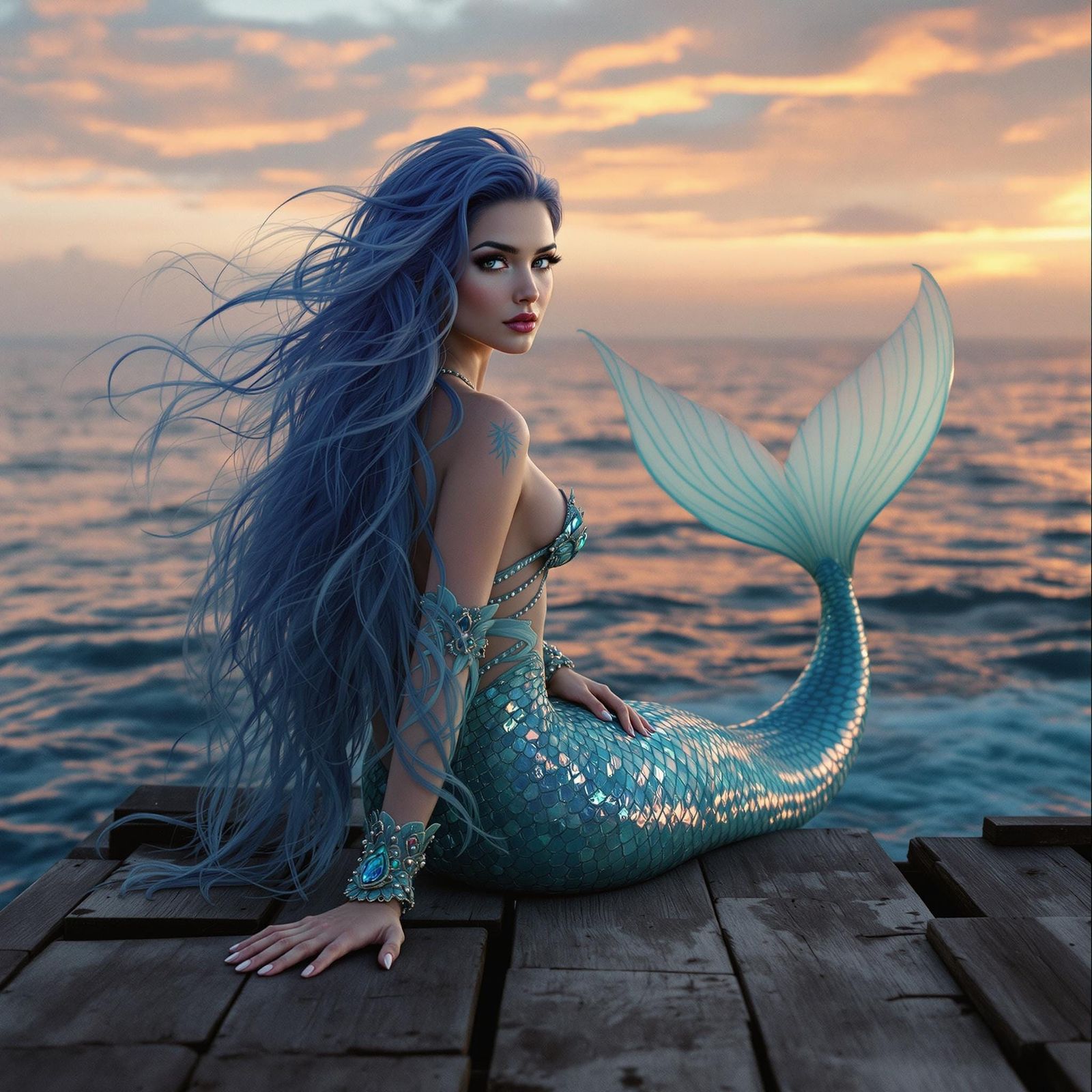Sultry Mermaid Sits Serenely on Sunset Dock