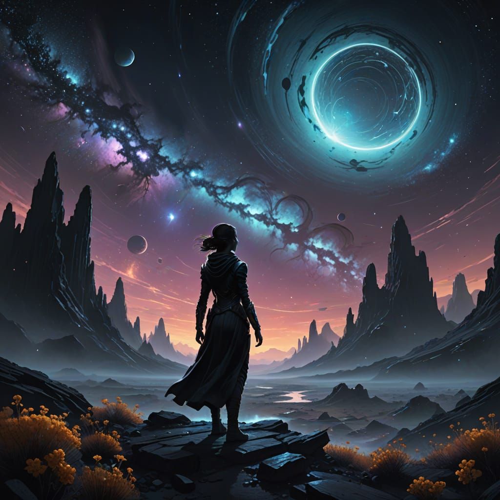 Lone Woman on Alien Planet Amidst Cosmic Nebula