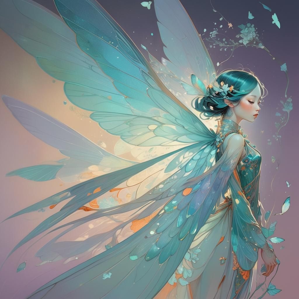 Gentle Fairy with Iridescent Wings, Art Nouveau Illustration