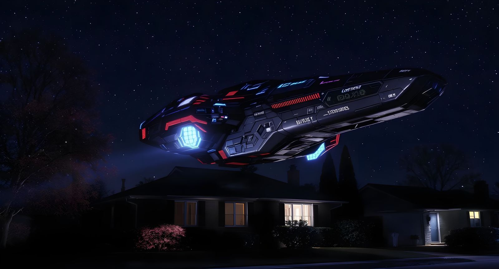 Spaceship Hovering Over Earth House in Photorealistic Style