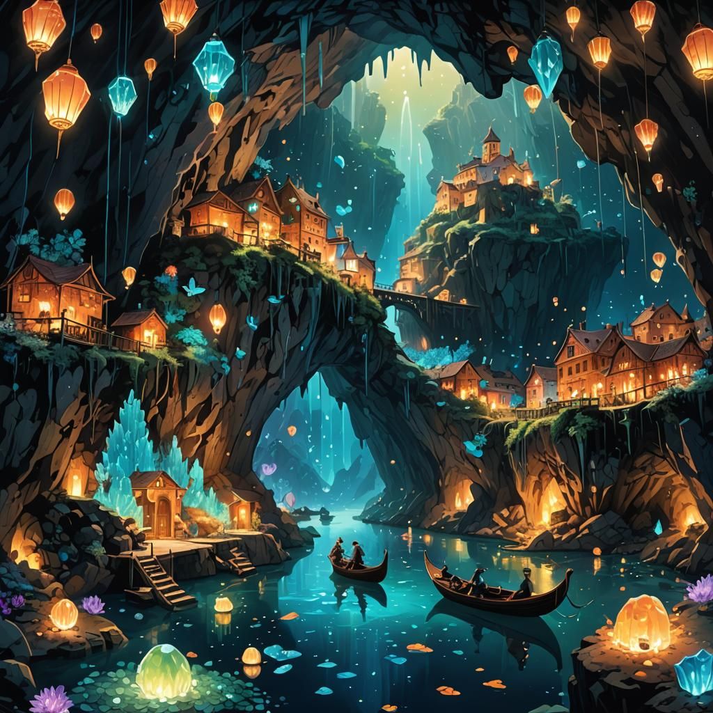 Bioluminescent Crystal Cave with Floating Fairies