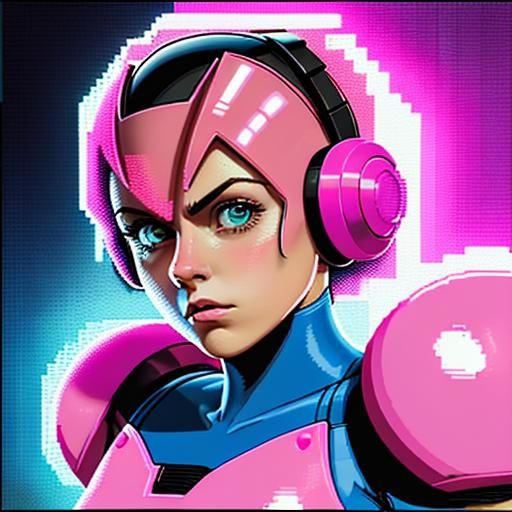 Mega Man Style Portrait in Synthwave Neon