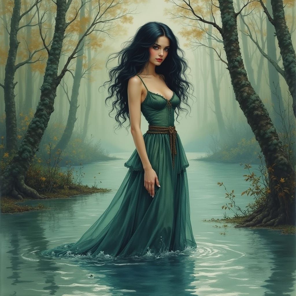 Swamp Witch Watercolor Illustration by Gil Elvgren Style