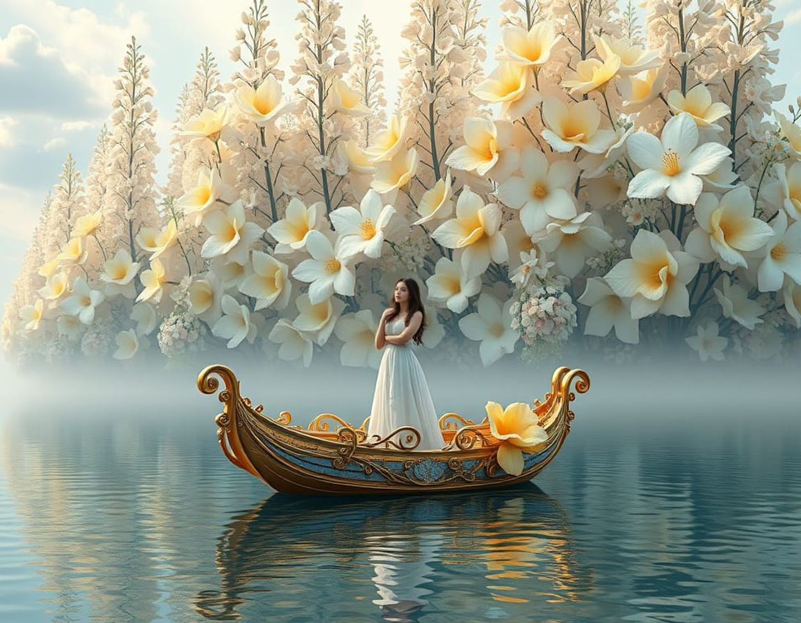 Ethereal Woman in Golden Boat Among Giant Wildflowers