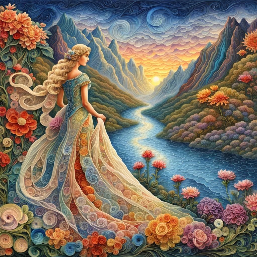 Elegant Lady in Quilled Floral Dress by River