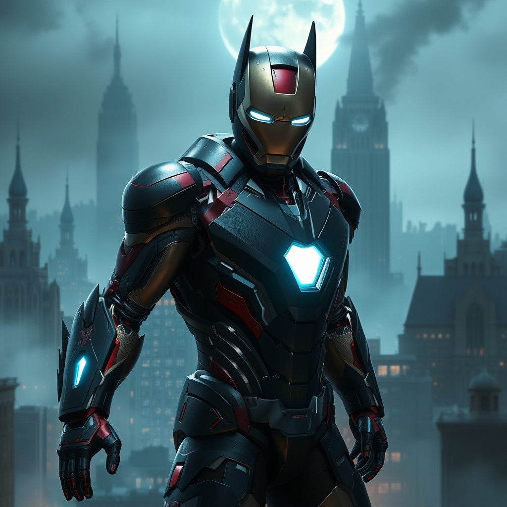Iron Man in Batman Suit Amidst Gotham City