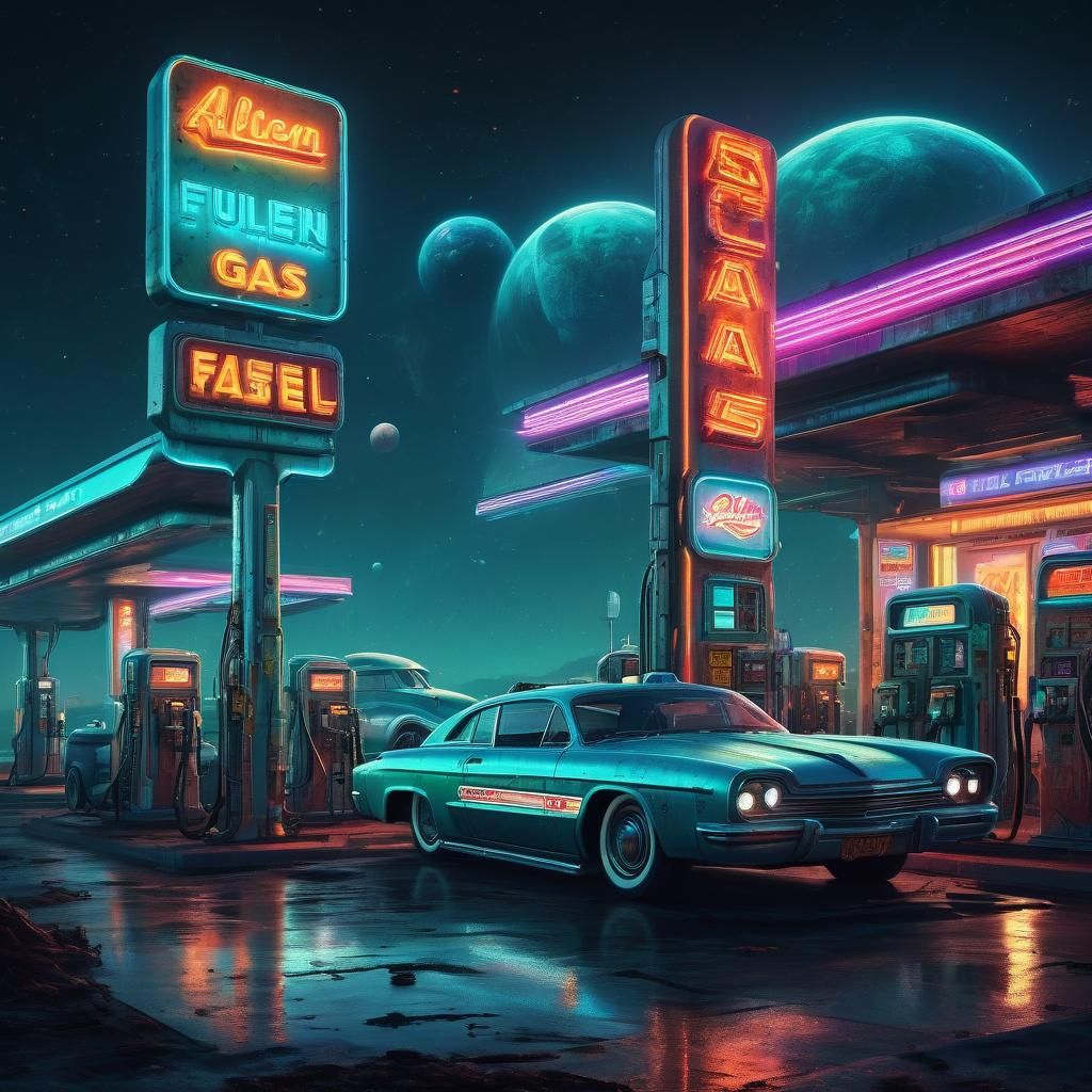 Retro Futuristic Alien Gas Station Illustration