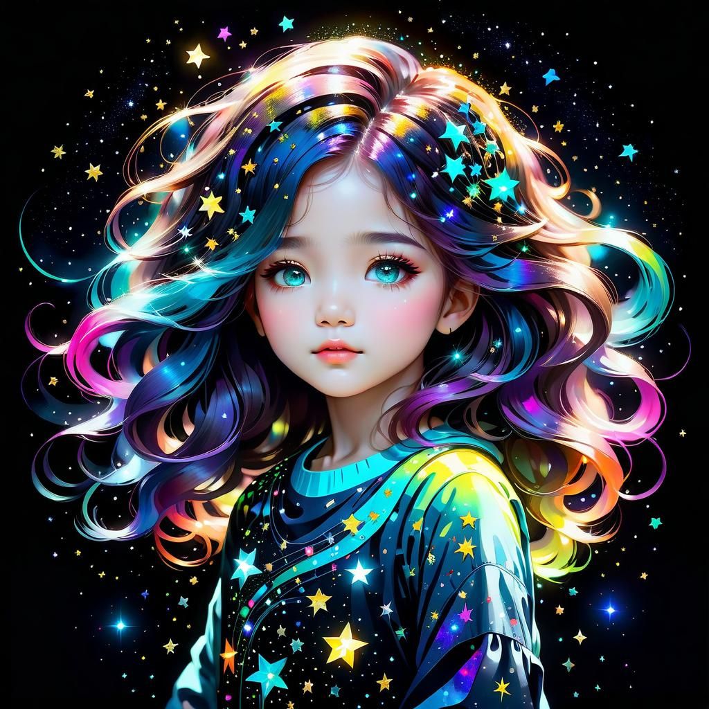 Bioluminescent Star Child: Neon Watercolor Portrait