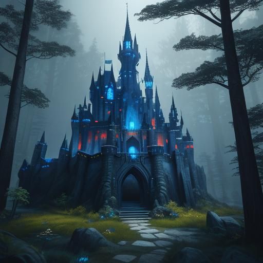 Fantasy Castle with Glowing Runes in Mystical Forest