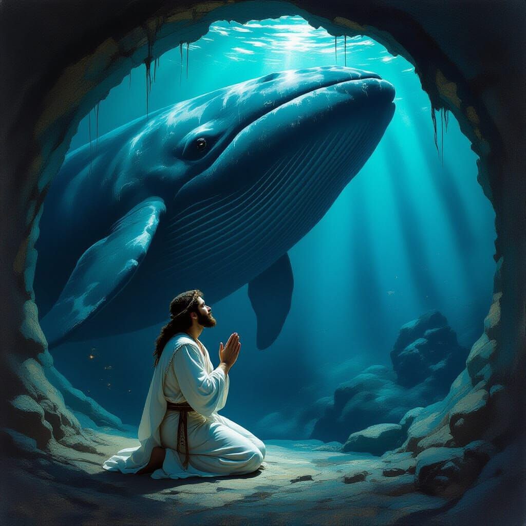 Jonah's Prayer: Bioluminescent Whale Interior in Dreamlike S...