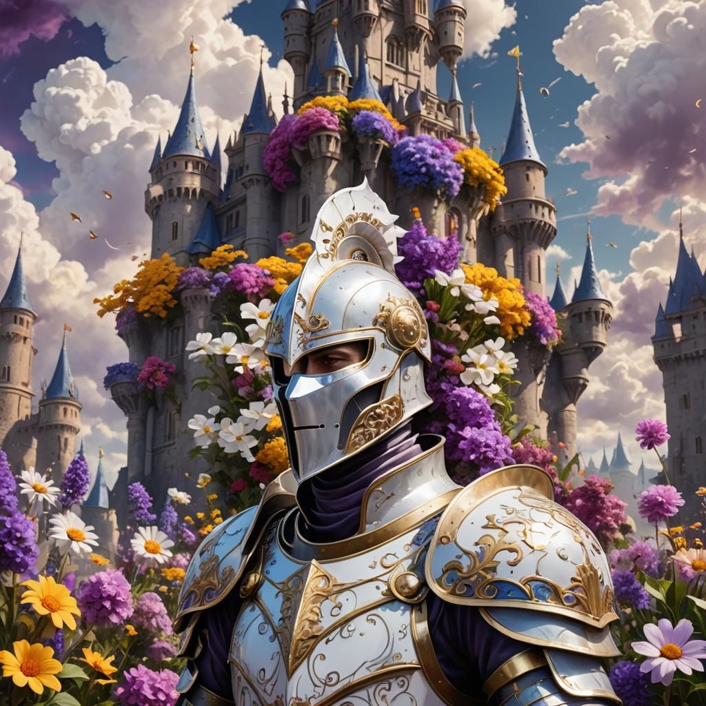 Floral Knight Before Cloud Castle in Art Nouveau
