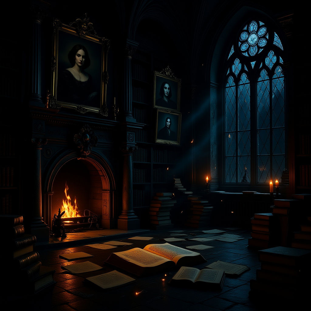 Mysterious Gothic Library with Living Shadows and Ancient Bo...