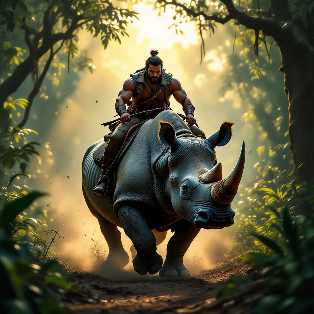 Man Rides Rhino Through Jungle at Dawn