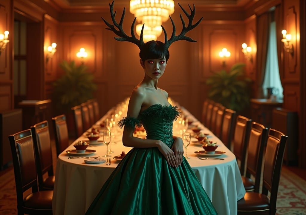 Woman with Antlers in Opulent Edwardian Feast