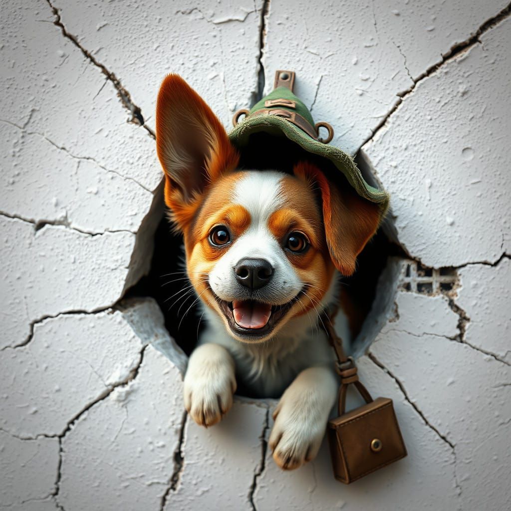 Whimsical Dog Peeks from Weathered Wall