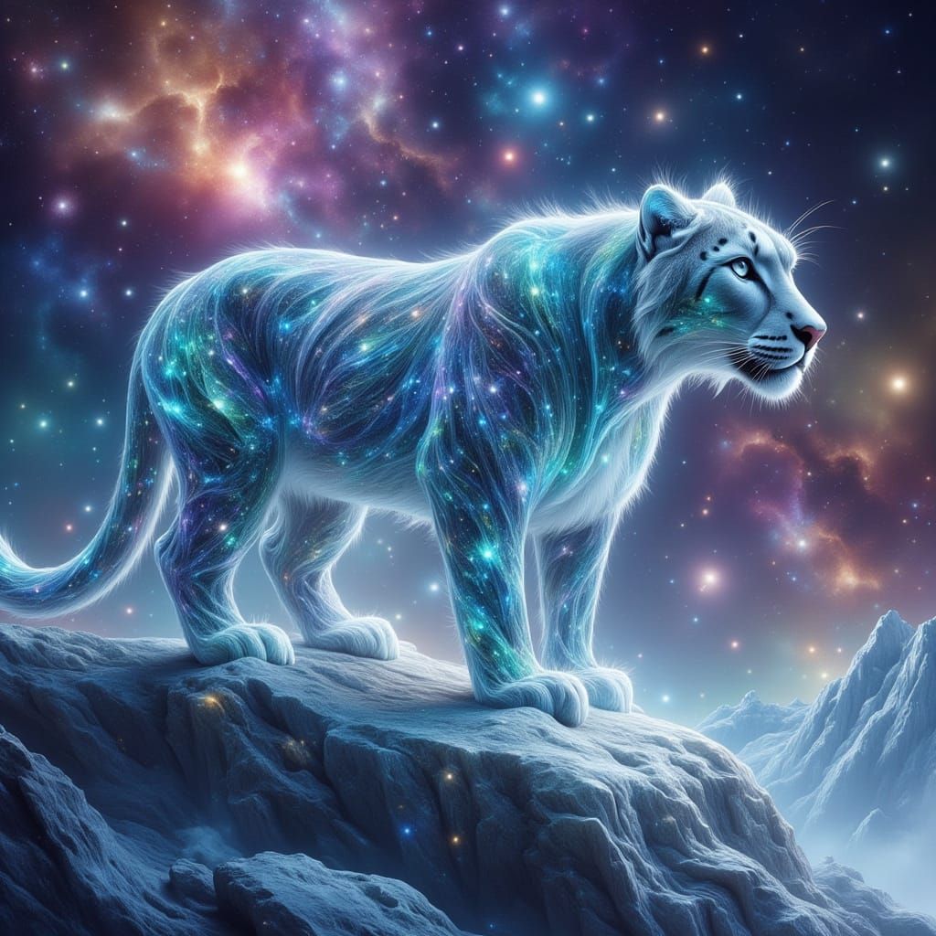 Crystal Snow Leopard Gazes at Nebula