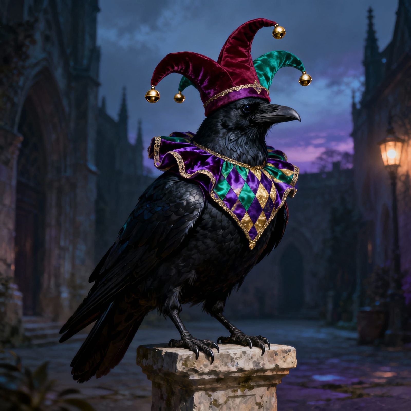 Raven Jester Perched in Gothic Courtyard